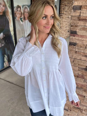 Jane White Smocked Button Up Top | Sparkles & Lace Boutique