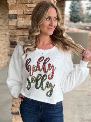 Holly Jolly White Knit Top Embellished with Sequins