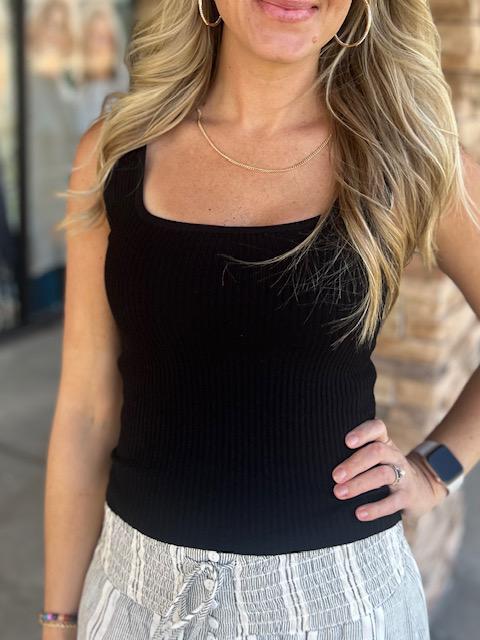 Nova Black Fitted Square Neck Ribbed Tank Top