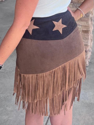 Texie Brown and Black Suede Fringe Skirt | Sparkles & Lace Boutique