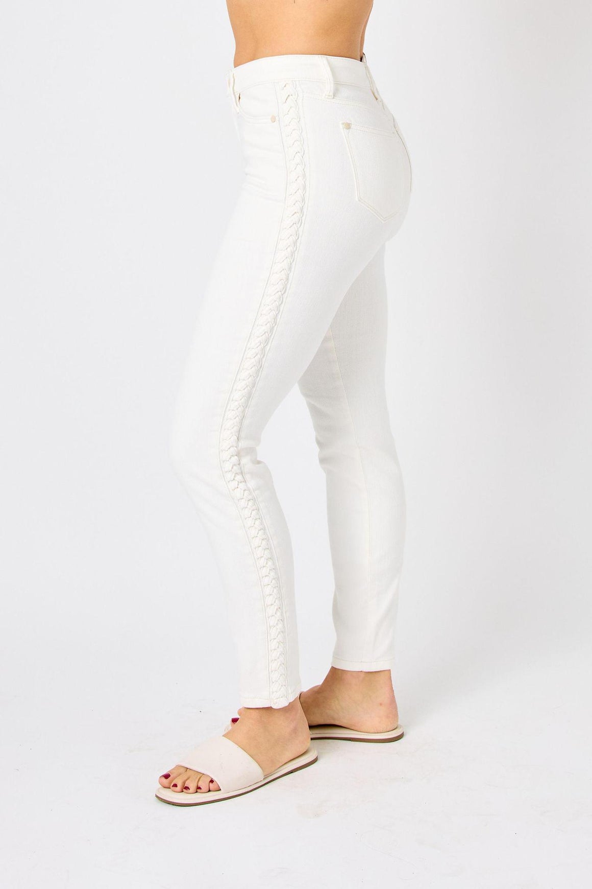 Judy Blue Mid-rise Braided Detail Relaxed Ivory Jeans