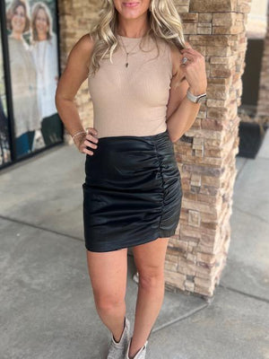 Phoenix Black Soft Pleather Mini Skirt with Side Ruching | Sparkles & Lace Boutique