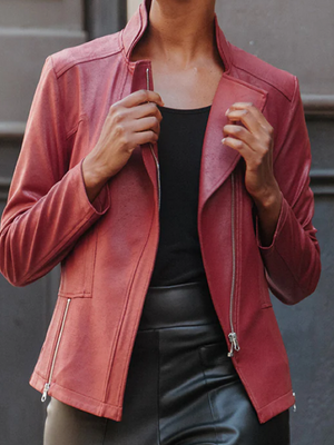 Classic Liquid "Leather" Knit Jacket in Ruby by Clara Sun Woo