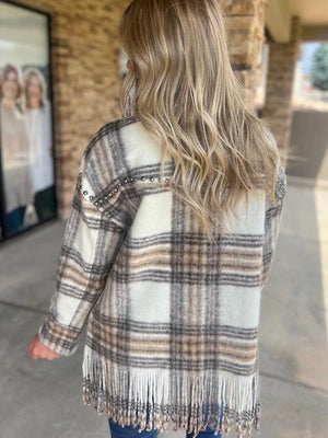 Sterling Cream and Brown Plaid Fringe Oversized Studded Jacket | Sparkles & Lace Boutique
