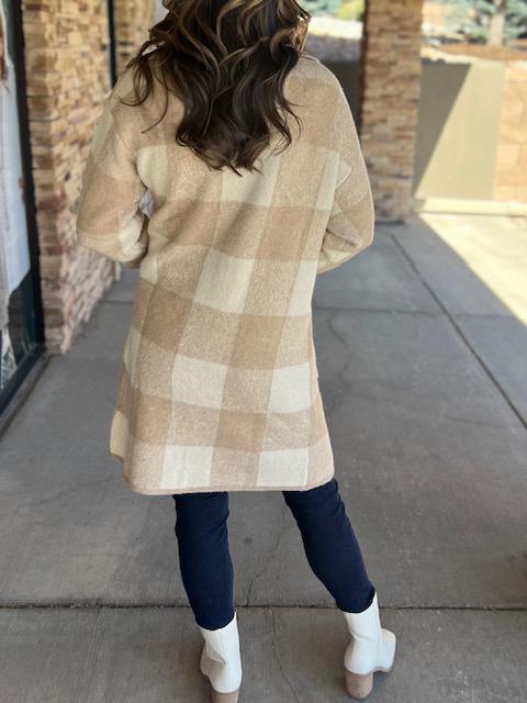 Aspen Cozy Taupe Plaid Lapel Cardigan with Pockets