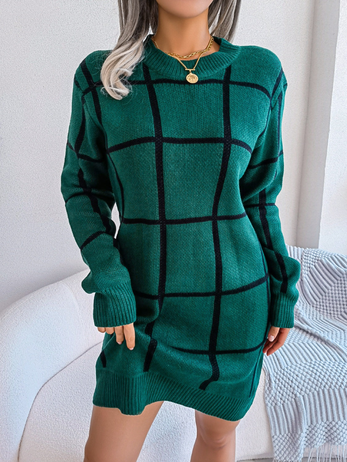 Maisie Plaid Round Neck Dropped Shoulder Sweater Dress | Sparkles & Lace Boutique Maisie Plaid Round Neck Dropped Shoulder Sweater Dress | Sparkles & Lace Boutique