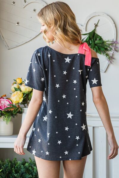Liberty Star Print Asymmetrical Neck Short Sleeve Top - Online Exclusive