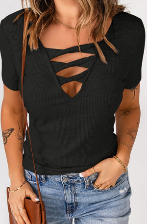 Bekka Strappy Ribbed Knit T-Shirt - Online Exclusive | Sparkles & Lace Boutique