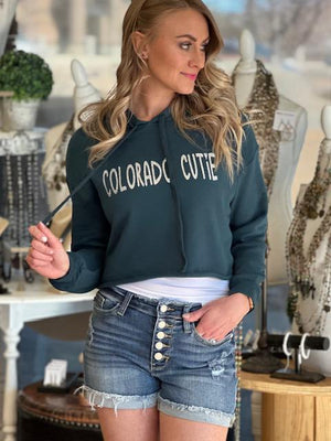 Colorado Cutie Dark Teal Cropped Fleece Hoodie | Sparkles & Lace Boutique