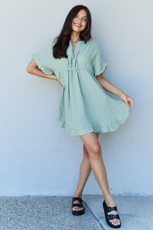 Valerie Ruffle Hem Dress with Drawstring Waistband in Light Sage - Online Exclusive | Sparkles & Lace Boutique