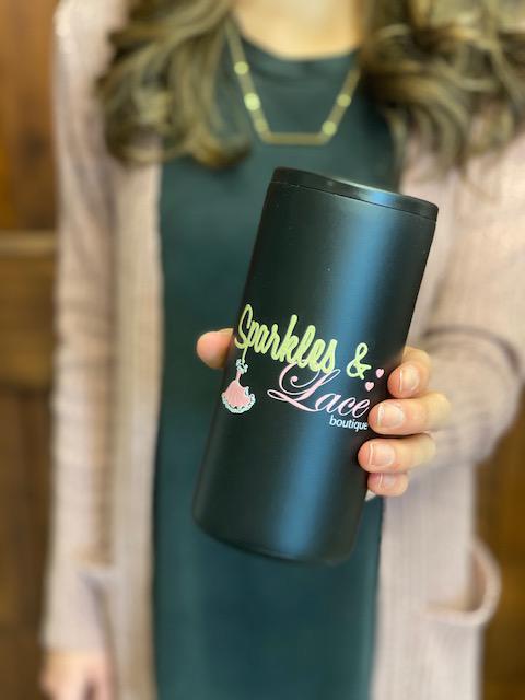 Swig 12 oz. Skinny Can Cooler - Sparkles & Lace - Matte Black | Sparkles & Lace Boutique