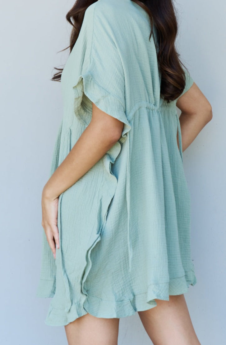 Valerie Ruffle Hem Dress with Drawstring Waistband in Light Sage - Online Exclusive | Sparkles & Lace Boutique