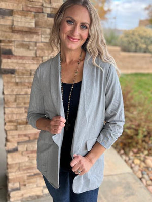 Monroe Heather Gray Blazer with 3/4 Ruched Sleeves | Sparkles & Lace Boutique
