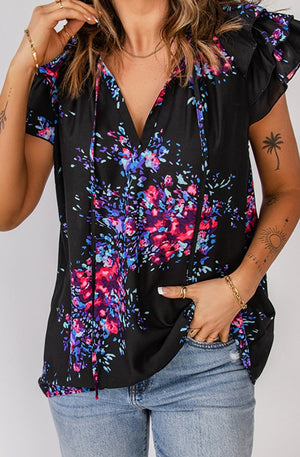 Sara Floral Tie-Neck Flutter Sleeve Blouse - Online Exclusive | Sparkles & Lace Boutique
