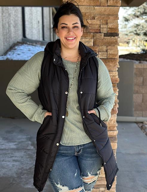 Gabby Black Sleeveless Long Puffer Jacket | Sparkles & Lace Boutique