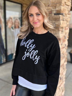Holly Jolly Crop Sweatshirt in Black with Silver Glitter | Sparkles & Lace Boutique
