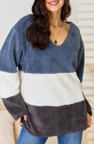Zia Faux Fur Color Block V-Neck Sweater - Online Exclusive