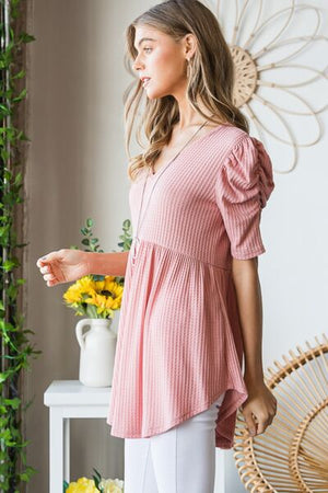 Rachel Waffle Knit V-Neck Babydoll Top - Online Exclusive