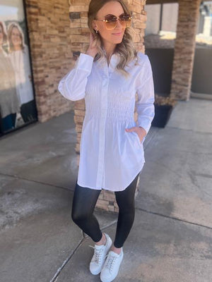 Zoey White Tunic with Ruched Waistband | Sparkles & Lace Boutique