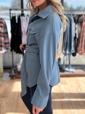 Kathryn Dusty Blue Button Down Jacket | Sparkles & Lace Boutique
