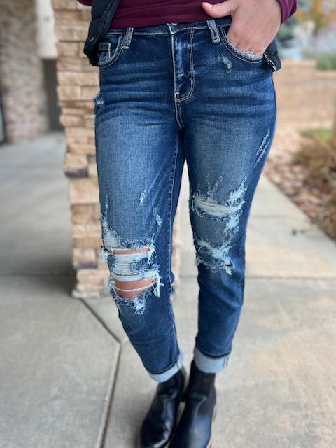 Judy Blue Mid Rise Cuffed Destroyed Boyfriend Jean | Sparkles & Lace Boutique