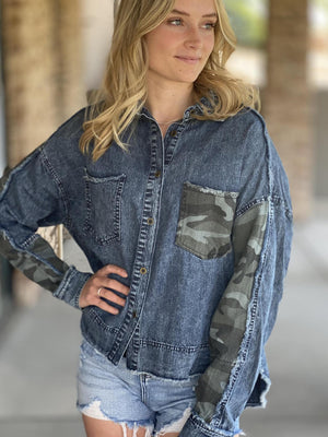 Frankie Washed Denim and Camo Shirt | Sparkles & Lace Boutique