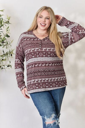 Christmas Element Buttoned Long Sleeve Top - Online Exclusive