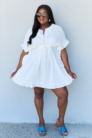 Valerie Ruffle Hem Dress with Drawstring Waistband in White - Online Exclusive | Sparkles & Lace Boutique