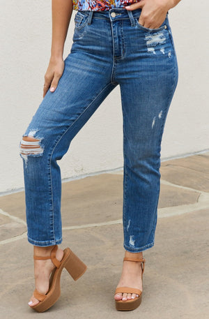 Judy Blue High Waisted Ankle Distressed Straight Jeans - Online Exclusive | Sparkles & Lace Boutique