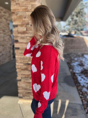 Cherish Boat Neck Red and White Heart Sweater with Frayed Hem | Sparkles & Lace Boutique