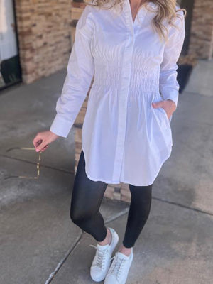 Zoey White Tunic with Ruched Waistband | Sparkles & Lace Boutique