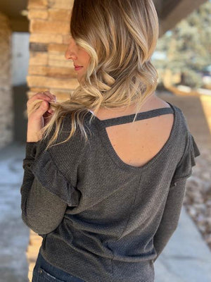 Dahlia Charcoal Ruffled Top with Open Back | Sparkles & Lace Boutique