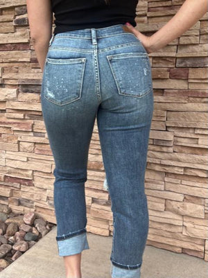 Judy Blue Mid-Rise Dark Boyfriend Bleach Splatter Jeans | Sparkles & Lace Boutique