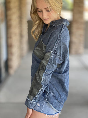 Frankie Washed Denim and Camo Shirt | Sparkles & Lace Boutique