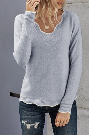 Sasha Scalloped Trim V-Neck Sweater - Online Exclusive | Sparkles & Lace Boutique