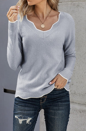 Sasha Scalloped Trim V-Neck Sweater - Online Exclusive | Sparkles & Lace Boutique