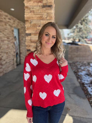 Cherish Boat Neck Red and White Heart Sweater with Frayed Hem | Sparkles & Lace Boutique