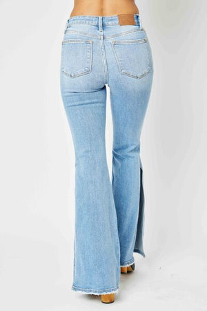 Judy Blue Mid Rise Raw Hem Slit Flare Jeans - Online Exclusive